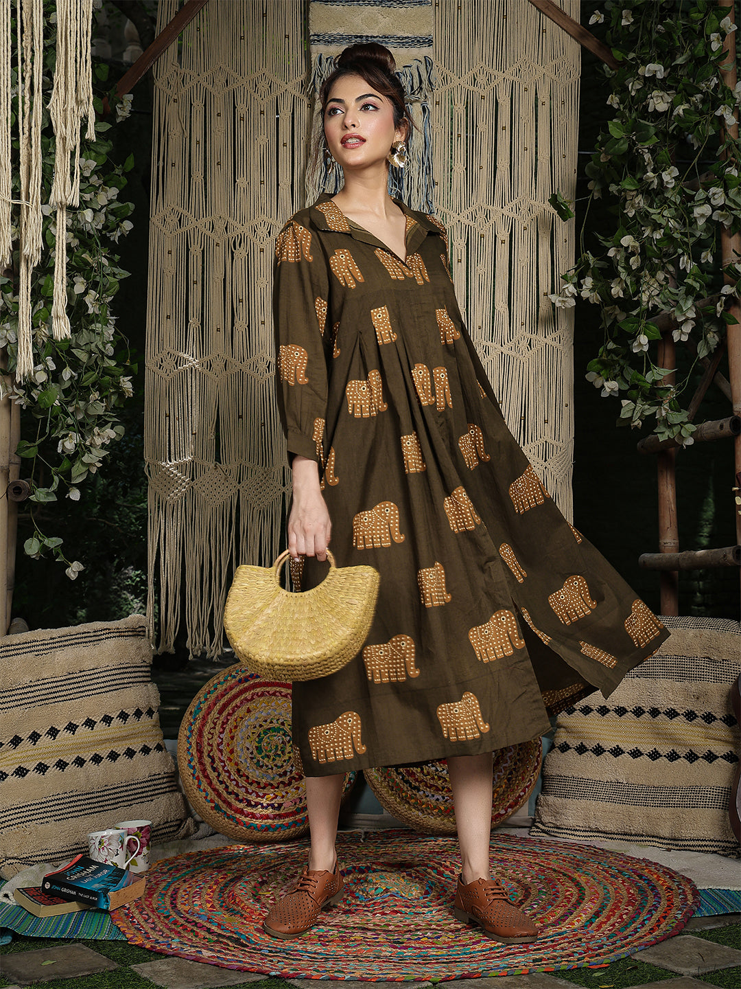 Cotton Calf Length Printed Full Sleeve Shirt Collar Flared Dress