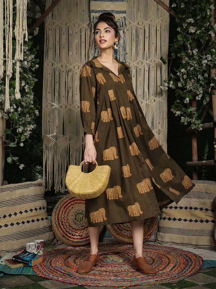 Cotton Calf Length Printed Full Sleeve Shirt Collar Flared Dress