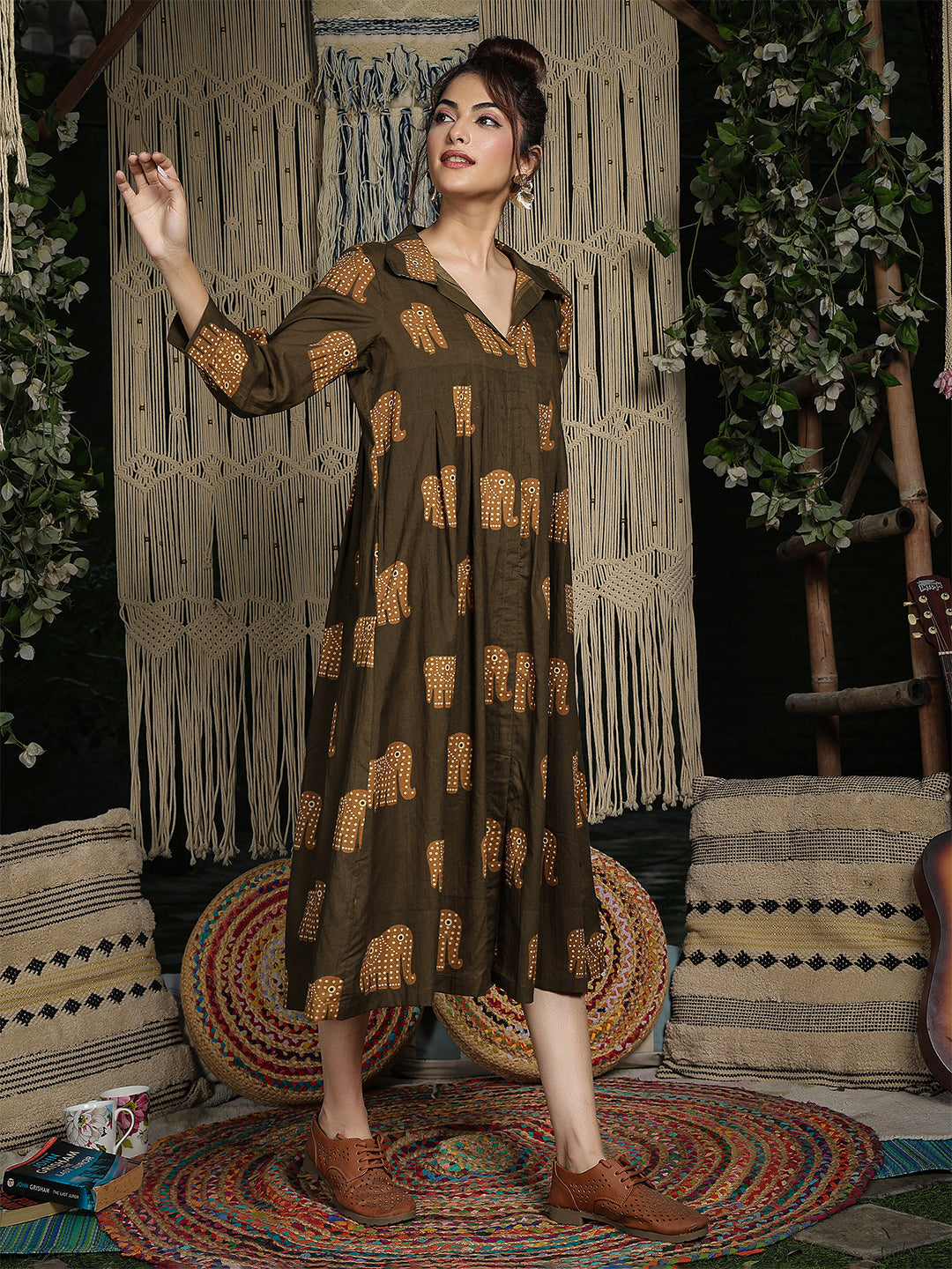 Cotton Calf Length Printed Full Sleeve Shirt Collar Flared Dress