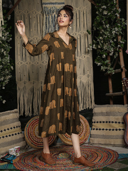 Cotton Calf Length Printed Full Sleeve Shirt Collar Flared Dress