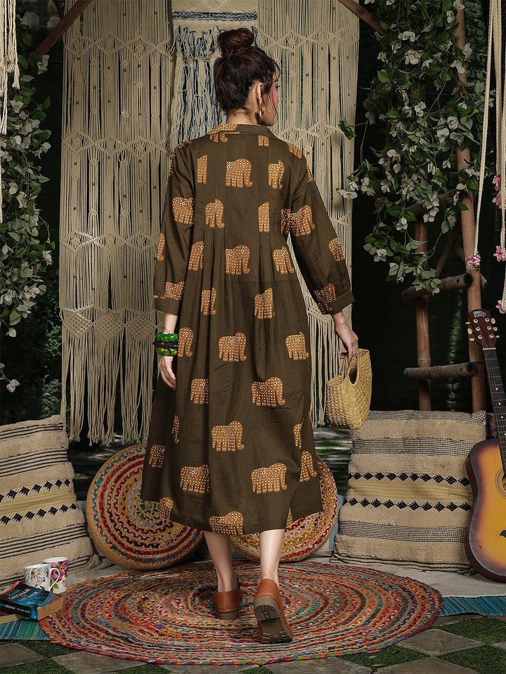 Cotton Calf Length Printed Full Sleeve Shirt Collar Flared Dress
