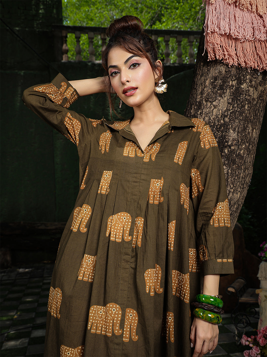 Cotton Calf Length Printed Full Sleeve Shirt Collar Flared Dress
