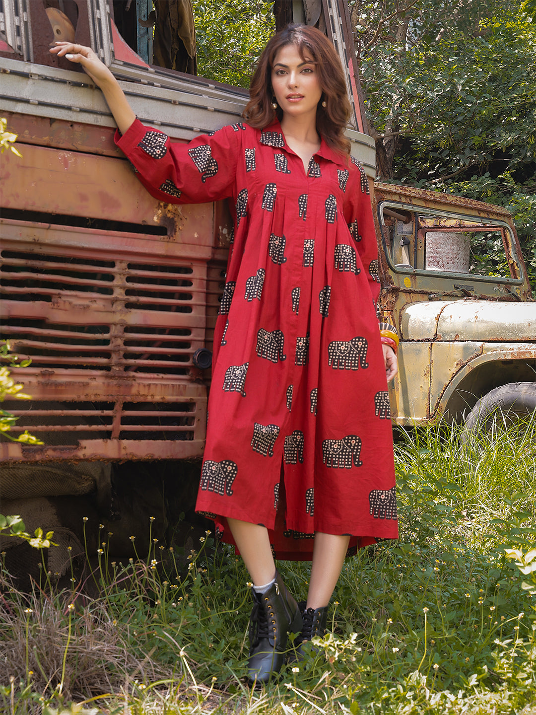 Cotton Calf Length Printed Full Sleeve Shirt Collar Flared Dress