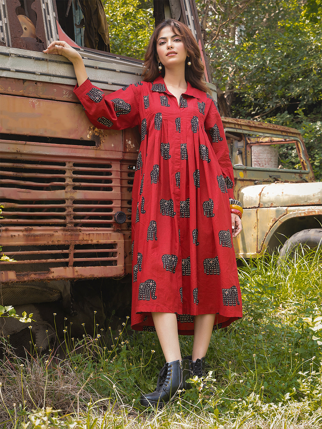Cotton Calf Length Printed Full Sleeve Shirt Collar Flared Dress