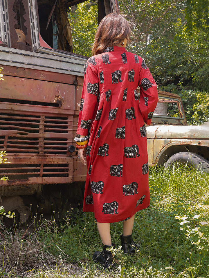 Cotton Calf Length Printed Full Sleeve Shirt Collar Flared Dress