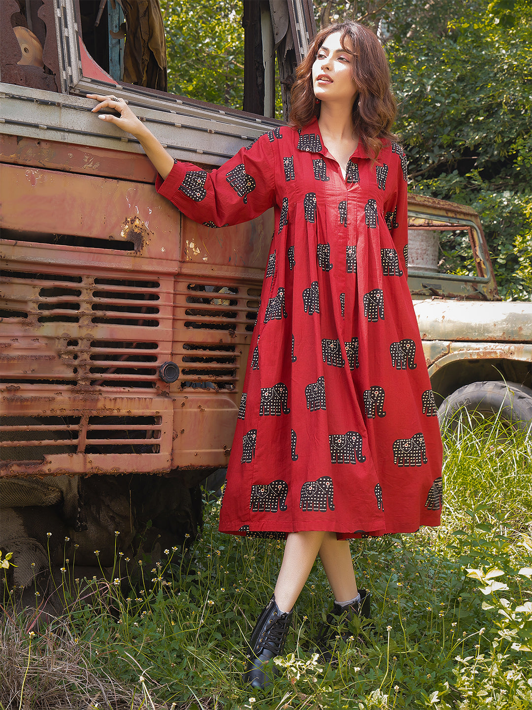 Cotton Calf Length Printed Full Sleeve Shirt Collar Flared Dress