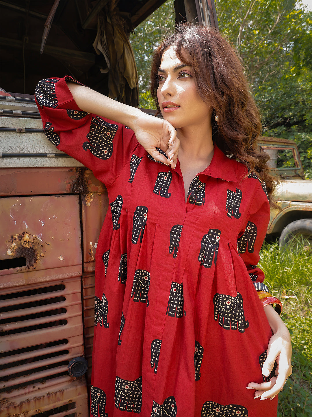 Cotton Calf Length Printed Full Sleeve Shirt Collar Flared Dress