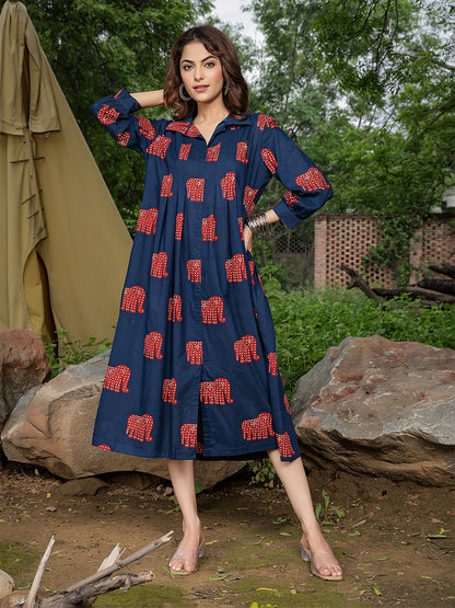 Cotton Calf Length Printed Full Sleeve Shirt Collar Flared Dress