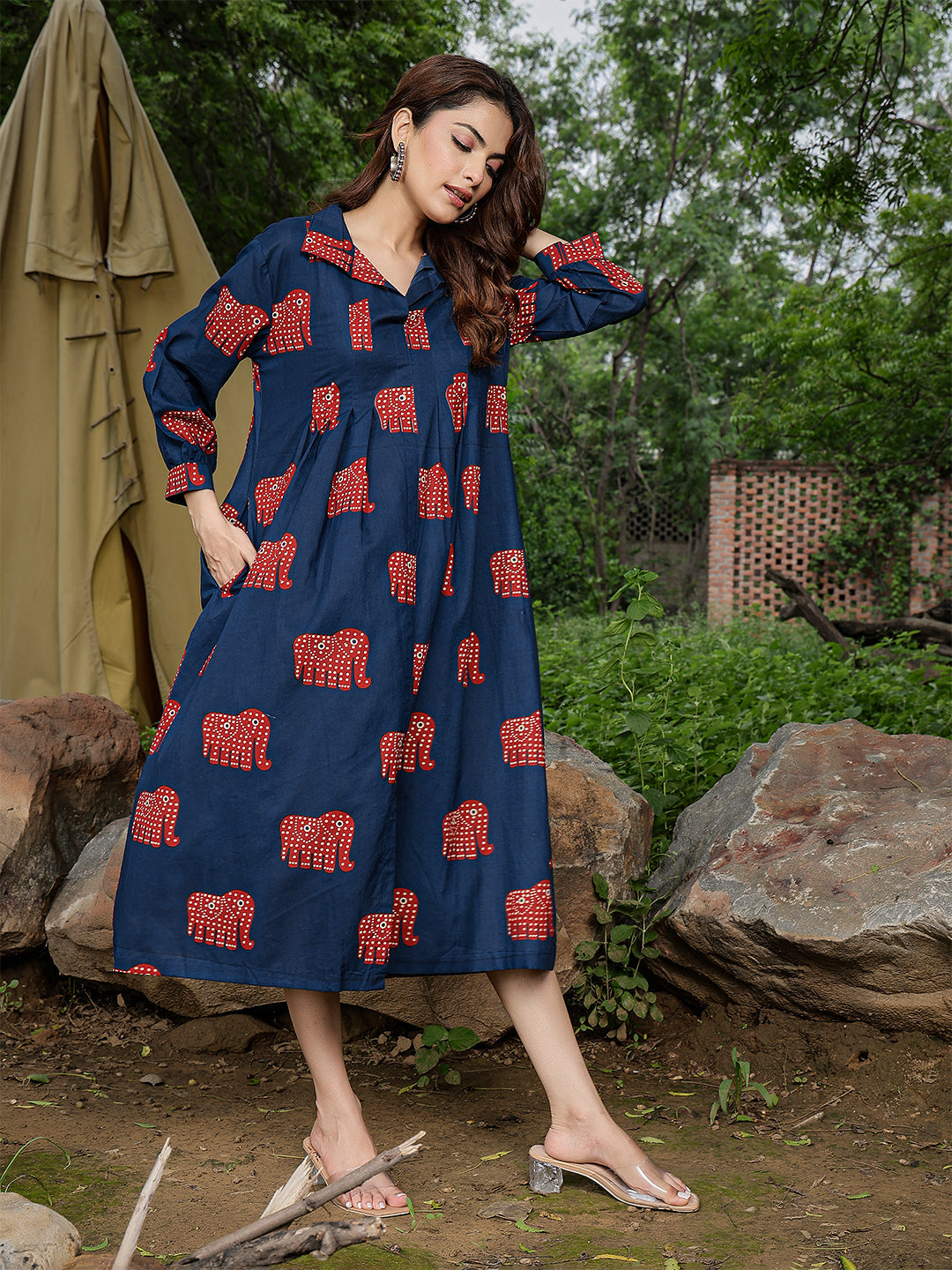 Cotton Calf Length Printed Full Sleeve Shirt Collar Flared Dress