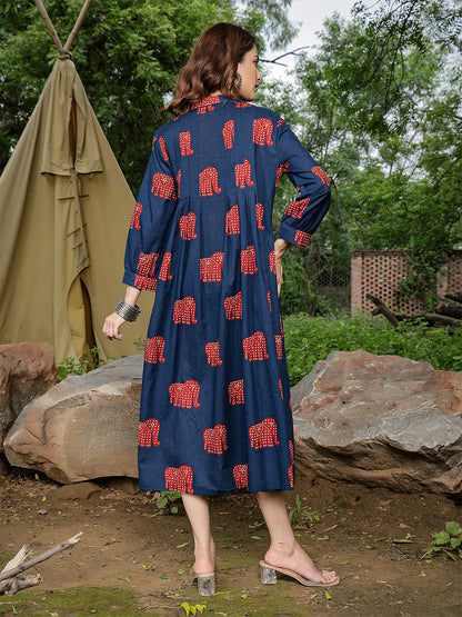 Cotton Calf Length Printed Full Sleeve Shirt Collar Flared Dress