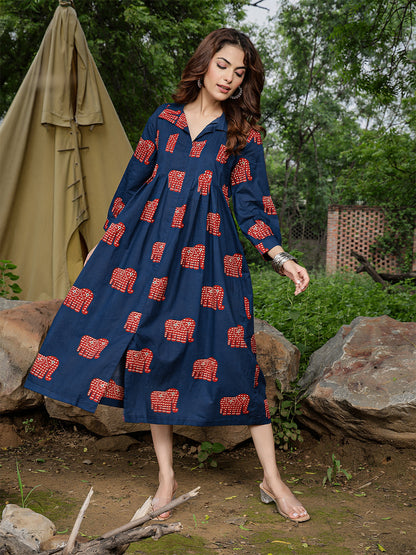 Cotton Calf Length Printed Full Sleeve Shirt Collar Flared Dress