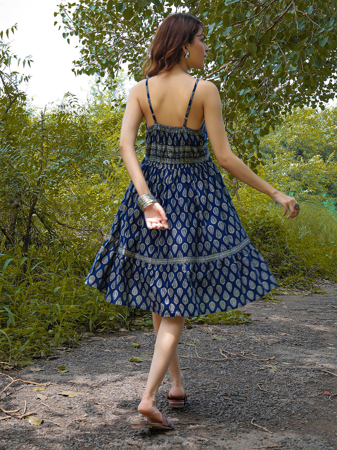 Cotton Knee Length Printed Strappy Sleeve V-Neck Flared Dress