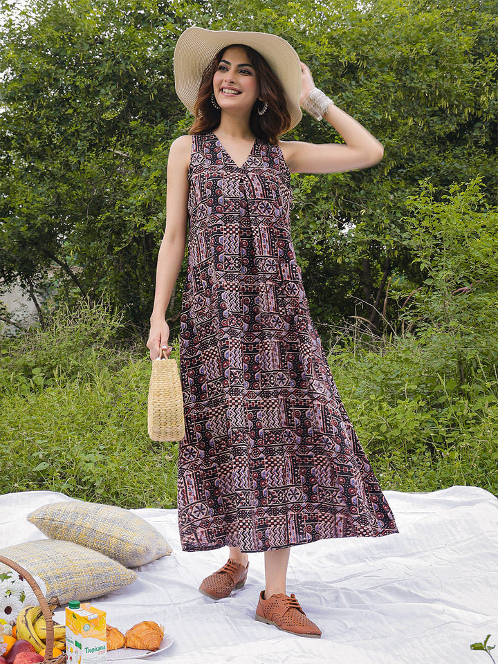 Rayon Calf Length Printed Sleeveless V-Neck Flared Dress