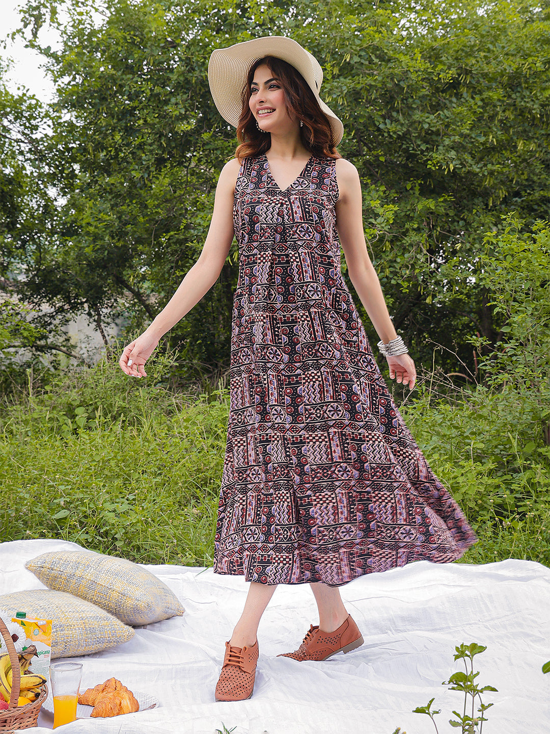 Rayon Calf Length Printed Sleeveless V-Neck Flared Dress