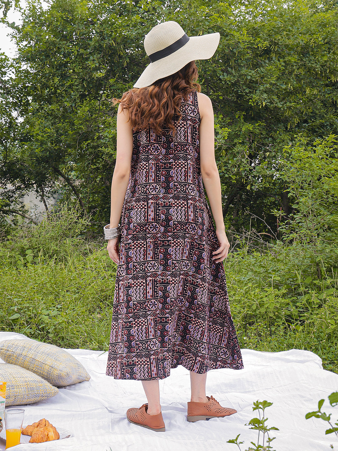 Rayon Calf Length Printed Sleeveless V-Neck Flared Dress