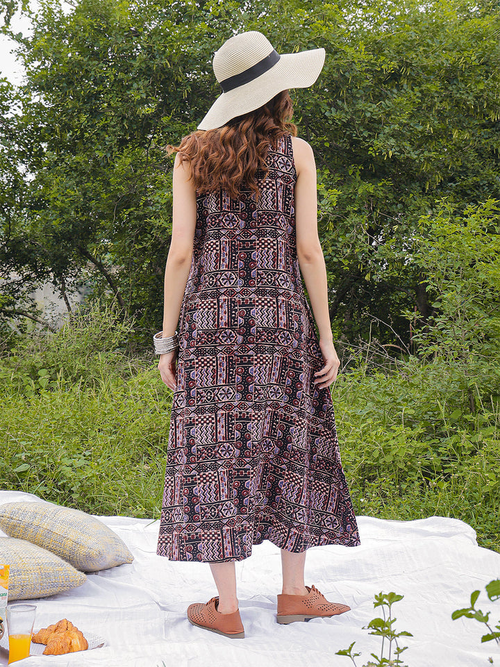 Rayon Calf Length Printed Sleeveless V-Neck Flared Dress