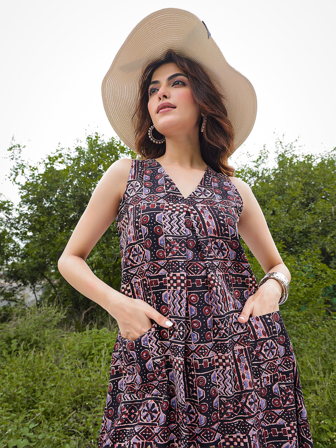 Rayon Calf Length Printed Sleeveless V-Neck Flared Dress