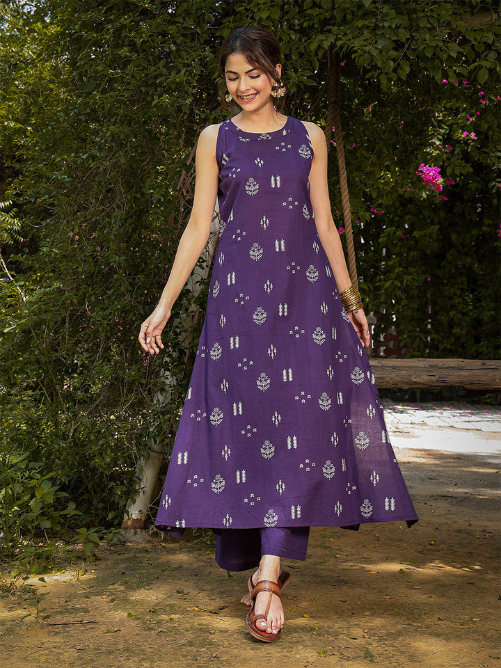 Rayon Calf Length Printed Sleeveless Round Neck A-Line Kurta Suit Set