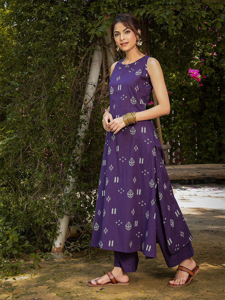 Rayon Calf Length Printed Sleeveless Round Neck A-Line Kurta Suit Set