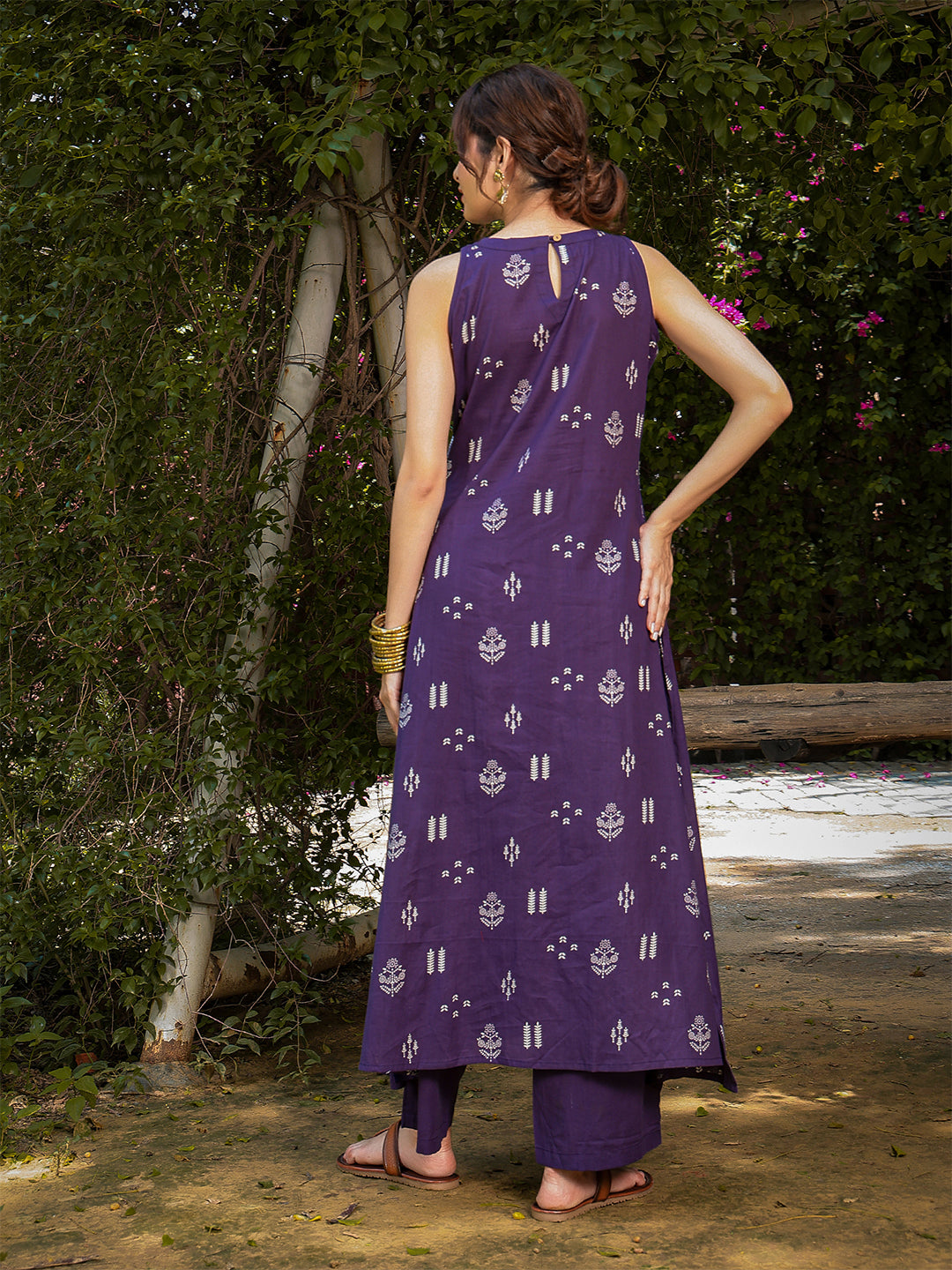 Rayon Calf Length Printed Sleeveless Round Neck A-Line Kurta Suit Set