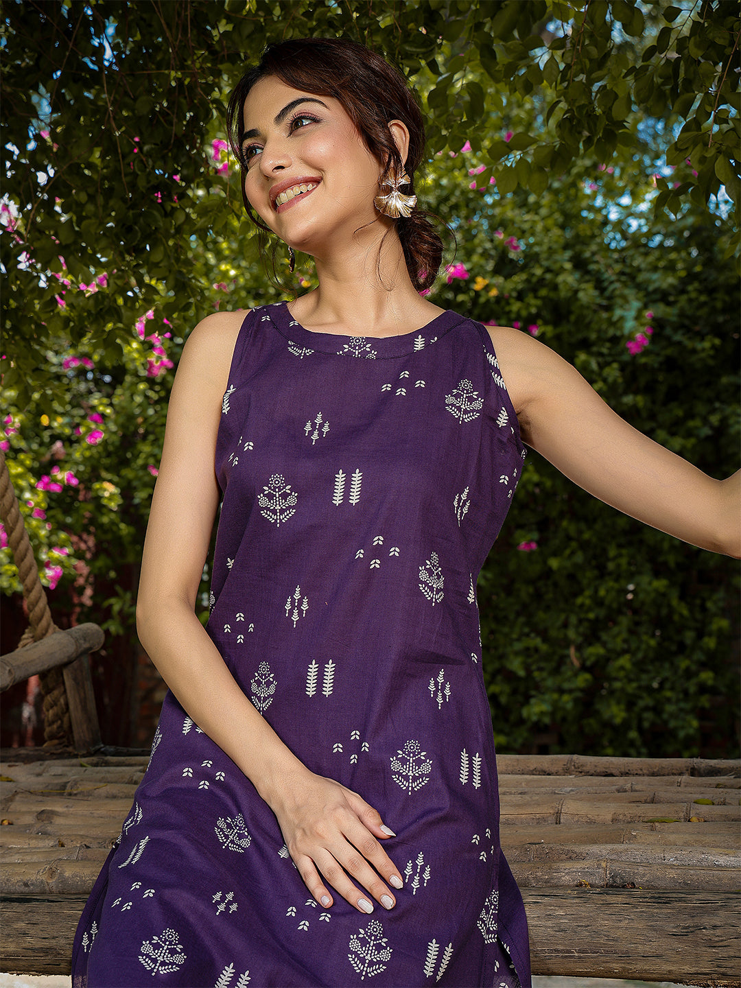 Rayon Calf Length Printed Sleeveless Round Neck A-Line Kurta Suit Set
