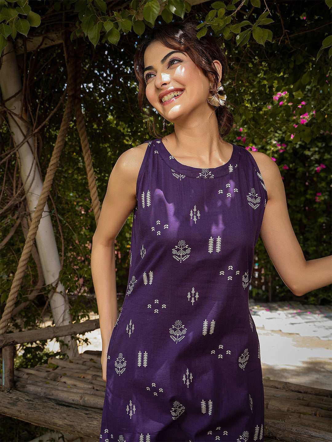 Rayon Calf Length Printed Sleeveless Round Neck A-Line Kurta Suit Set