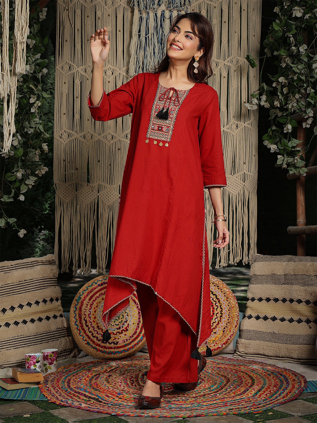 Rayon Knee Length Solid 3/4 Sleeve Round Neck Asymmetrical Kurta Suit Set