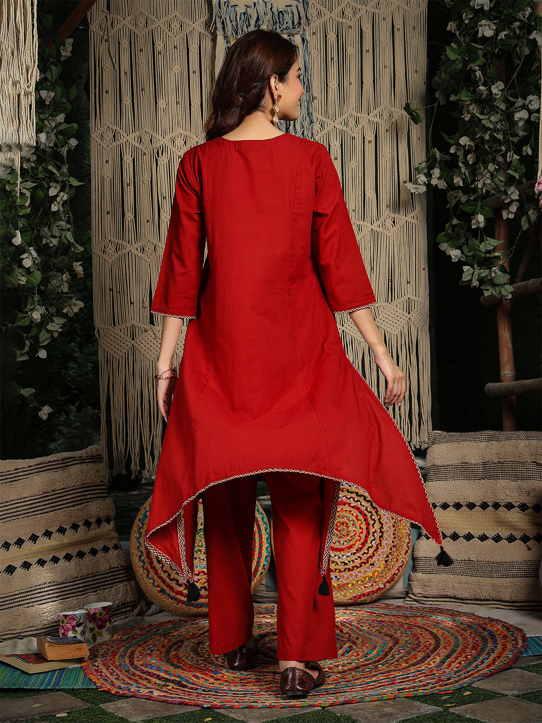 Rayon Knee Length Solid 3/4 Sleeve Round Neck Asymmetrical Kurta Suit Set