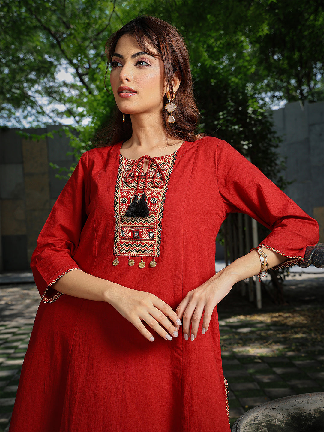Rayon Knee Length Solid 3/4 Sleeve Round Neck Asymmetrical Kurta Suit Set