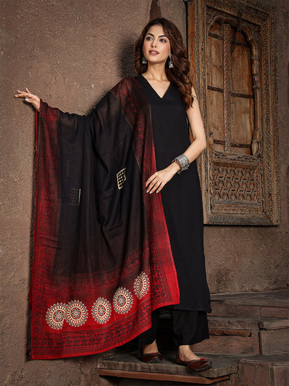 Rayon Calf Length Solid Sleeveless V-Neck Straight Kurta Suit Set