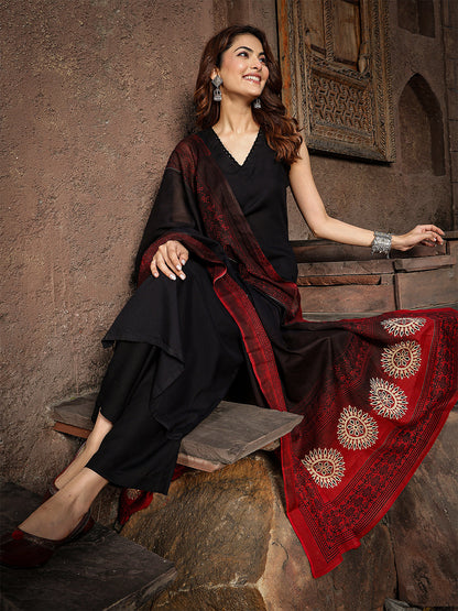 Rayon Calf Length Solid Sleeveless V-Neck Straight Kurta Suit Set