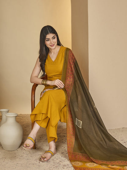 Rayon Calf Length Solid Sleeveless V-Neck Straight Kurta Suit Set