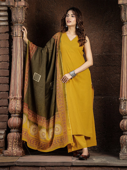 Rayon Calf Length Solid Sleeveless V-Neck Straight Kurta Suit Set