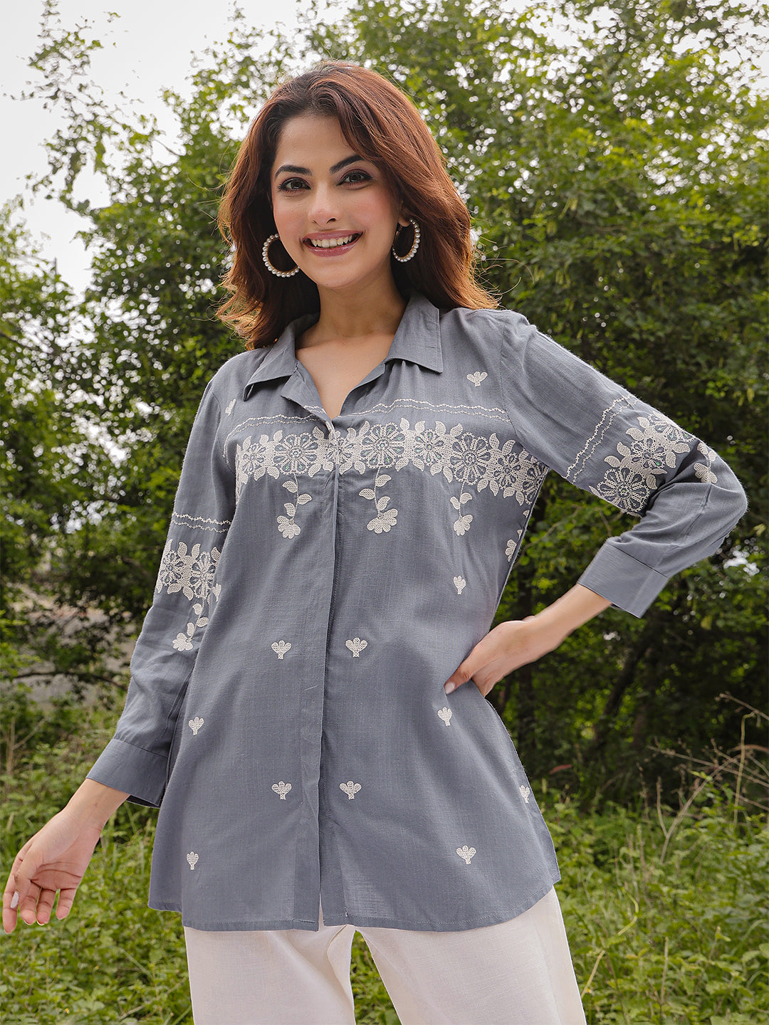 Rayon Hip Length Solid 3/4 Sleeve Shirt Collar Straight Top