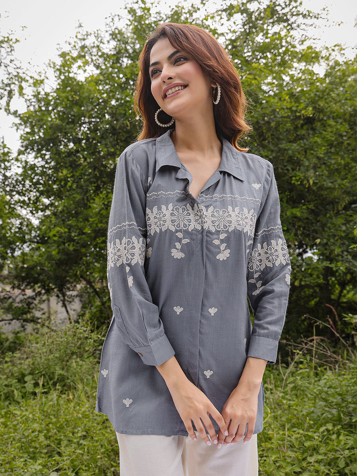 Rayon Hip Length Solid 3/4 Sleeve Shirt Collar Straight Top