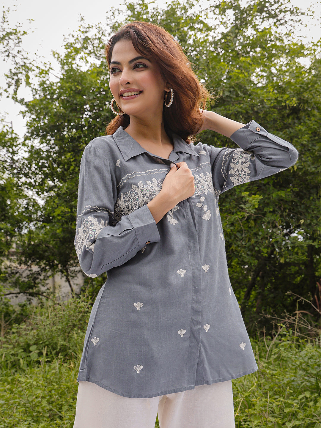 Rayon Hip Length Solid 3/4 Sleeve Shirt Collar Straight Top