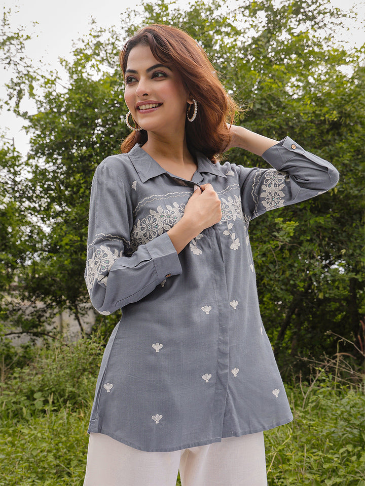 Rayon Hip Length Solid 3/4 Sleeve Shirt Collar Straight Top