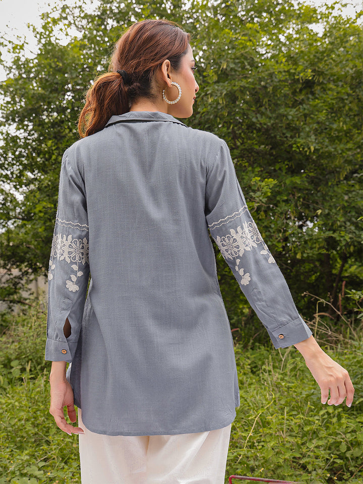 Rayon Hip Length Solid 3/4 Sleeve Shirt Collar Straight Top