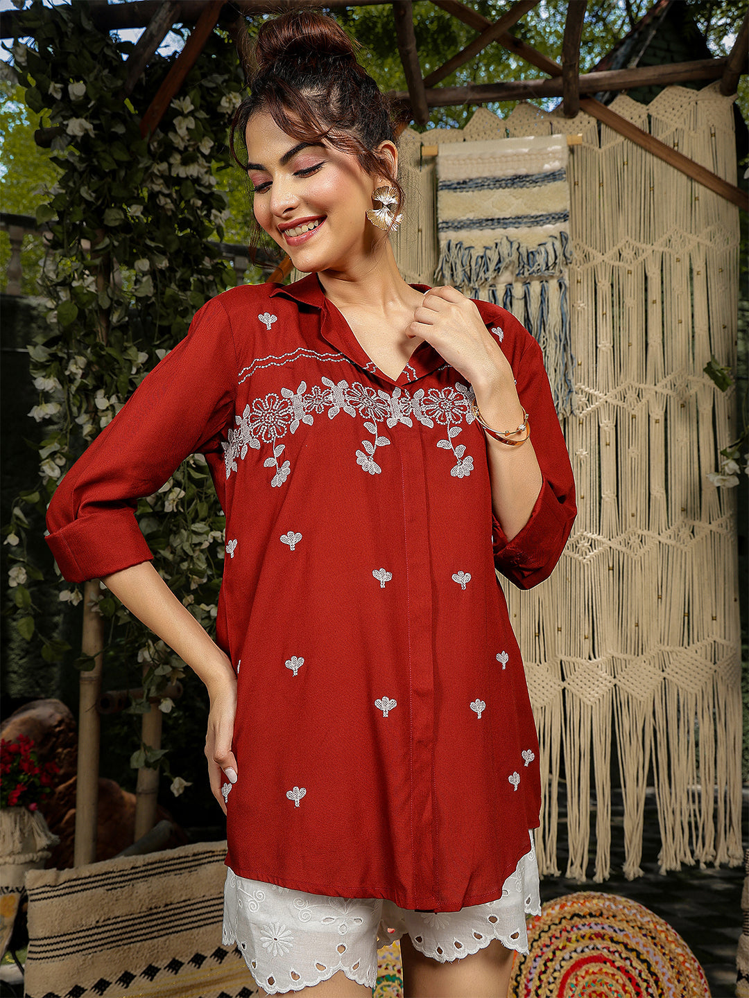 Rayon Hip Length Solid 3/4 Sleeve Shirt Collar Straight Top