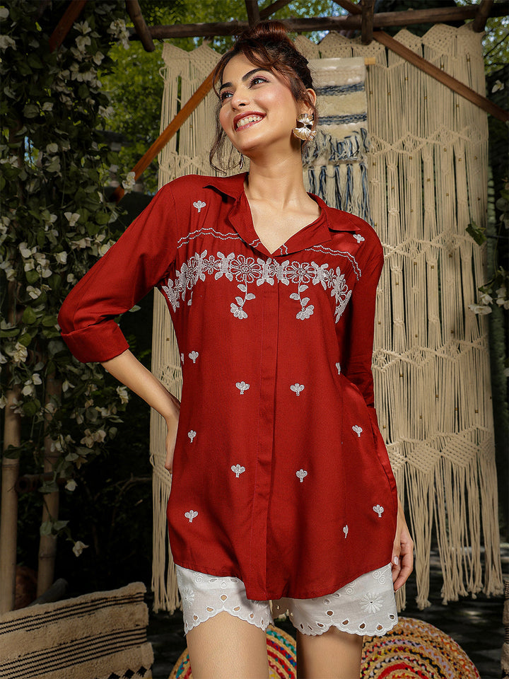 Rayon Hip Length Solid 3/4 Sleeve Shirt Collar Straight Top
