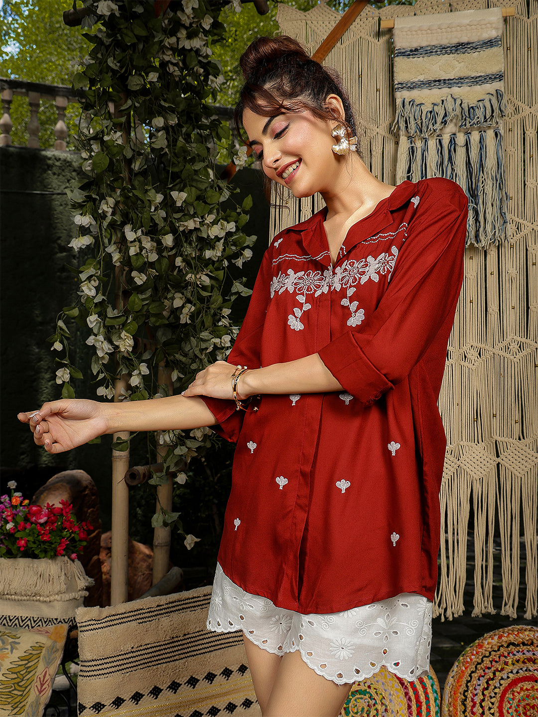 Rayon Hip Length Solid 3/4 Sleeve Shirt Collar Straight Top