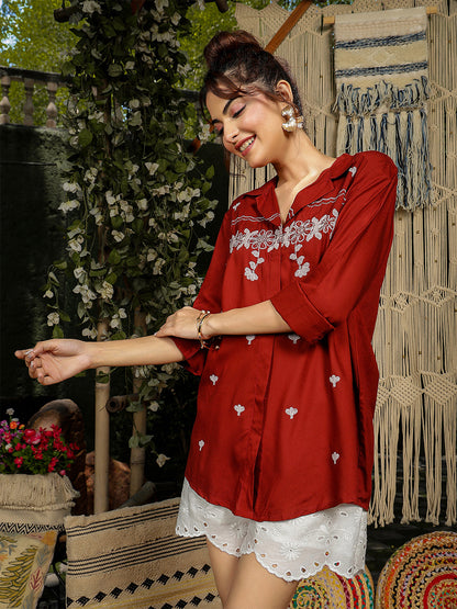 Rayon Hip Length Solid 3/4 Sleeve Shirt Collar Straight Top