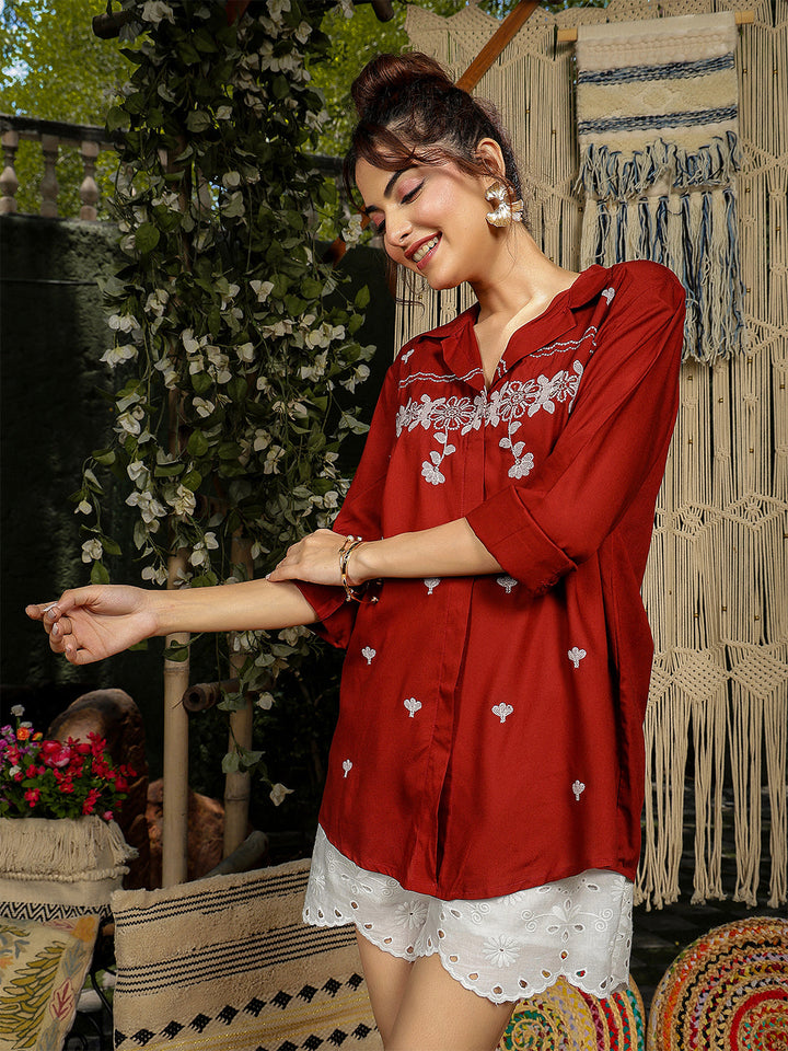 Rayon Hip Length Solid 3/4 Sleeve Shirt Collar Straight Top