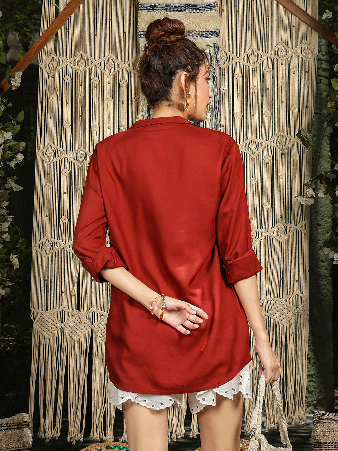 Rayon Hip Length Solid 3/4 Sleeve Shirt Collar Straight Top