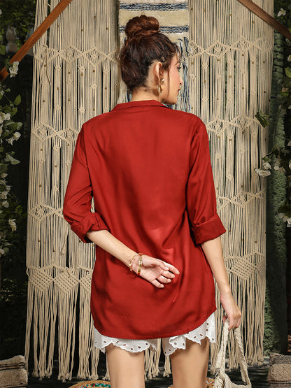 Rayon Hip Length Solid 3/4 Sleeve Shirt Collar Straight Top