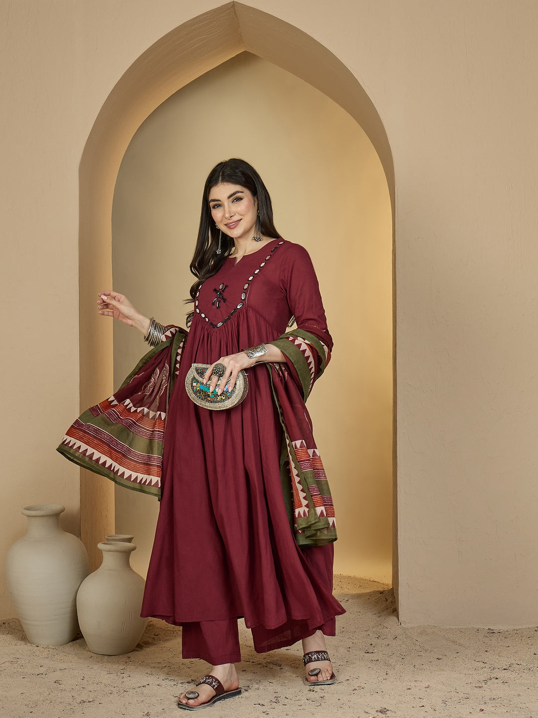 Cotton Calf Length Solid 3/4 Sleeves Round Neck Flared Kurta Suit Set