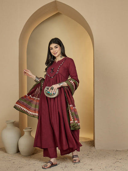 Cotton Calf Length Solid 3/4 Sleeves Round Neck Flared Kurta Suit Set