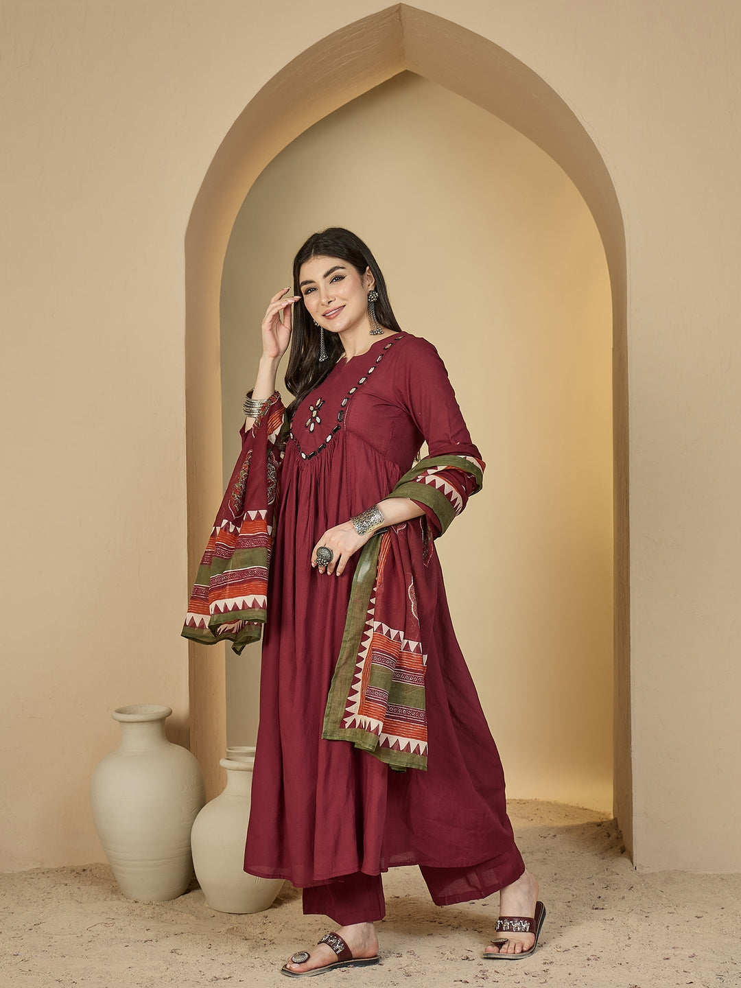 Cotton Calf Length Solid 3/4 Sleeves Round Neck Flared Kurta Suit Set