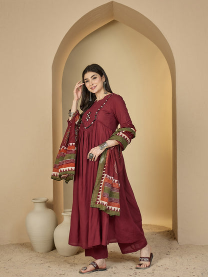 Cotton Calf Length Solid 3/4 Sleeves Round Neck Flared Kurta Suit Set