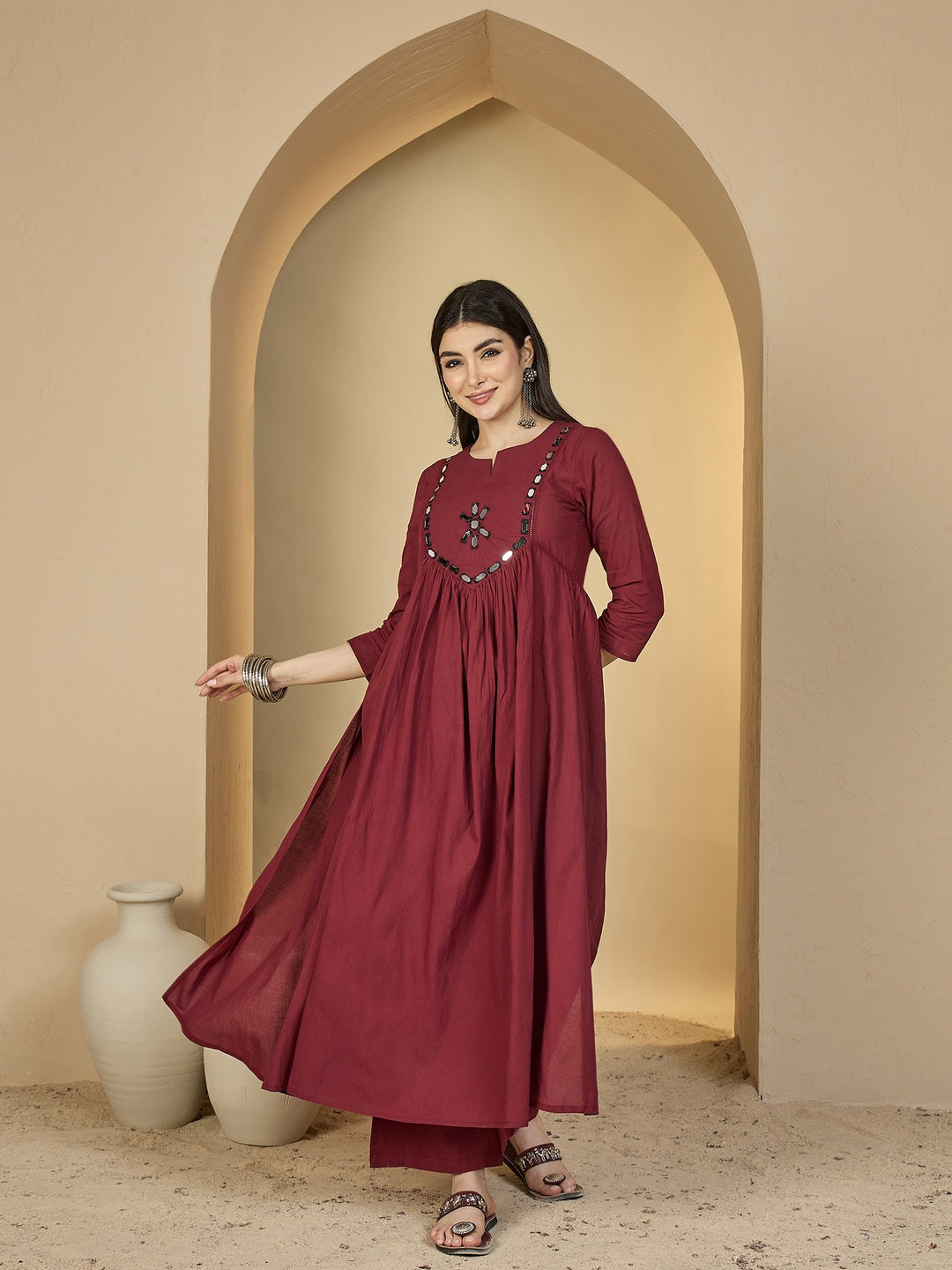 Cotton Calf Length Solid 3/4 Sleeves Round Neck Flared Kurta Suit Set